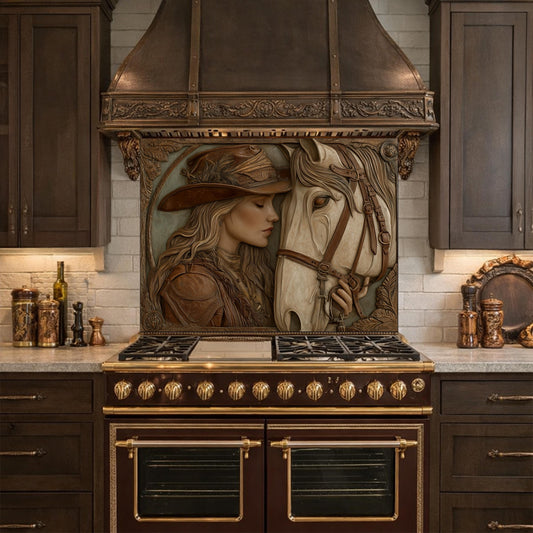 Western Cowgirl and Horse Tempered Glass Backsplash, Rustic Wood Carved Wall Panel, Stove Guard
