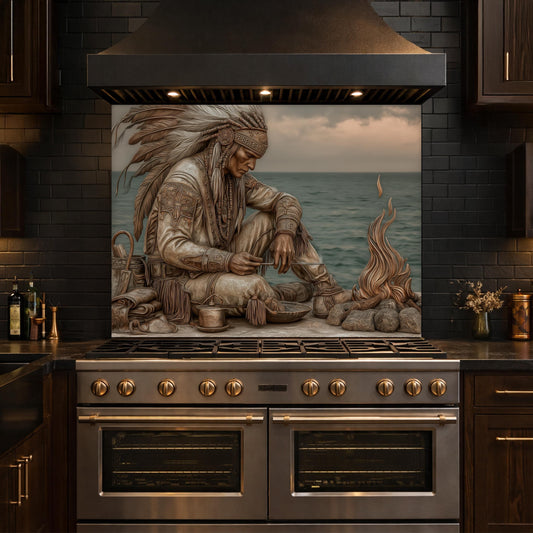 Native American Leader Coastal Fire Tempered Glass Backsplash, Heritage Carved Relief Wall Panel