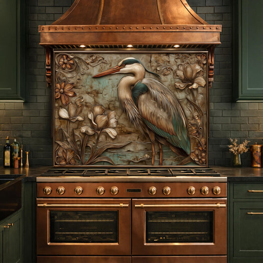 Blue Heron Tempered Glass Backsplash, Copper Look Botanical Bird Wall Panel, Custom, Heat Resistant