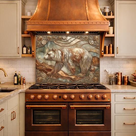Grizzly Bear Tempered Glass Backsplash, Copper Look Wildlife Mountain Wall Panel, Custom Size
