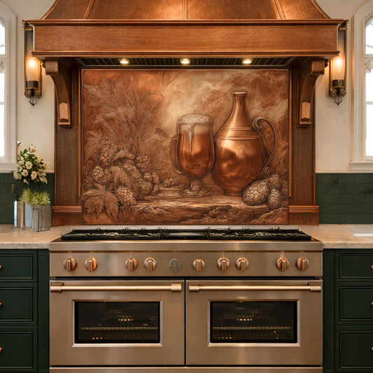 Vintage Barware Tempered Glass Backsplash, Copper Look Hops and Ale Wall Panel, Custom Size