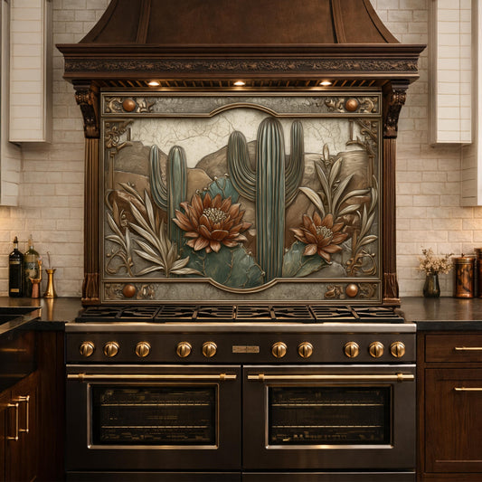 Desert Botanicals Tempered Glass Backsplash, Copper Look Cactus Floral Wall Panel, Custom Size