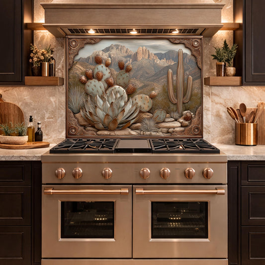 Desert Wilderness Tempered Glass Backsplash, Copper Look Cactus Mountain Wall Panel, Custom Size