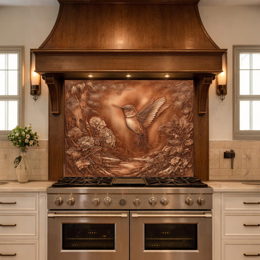Hummingbird Garden Tempered Glass Backsplash, Copper Look Floral Bird Wall Panel, Custom Size
