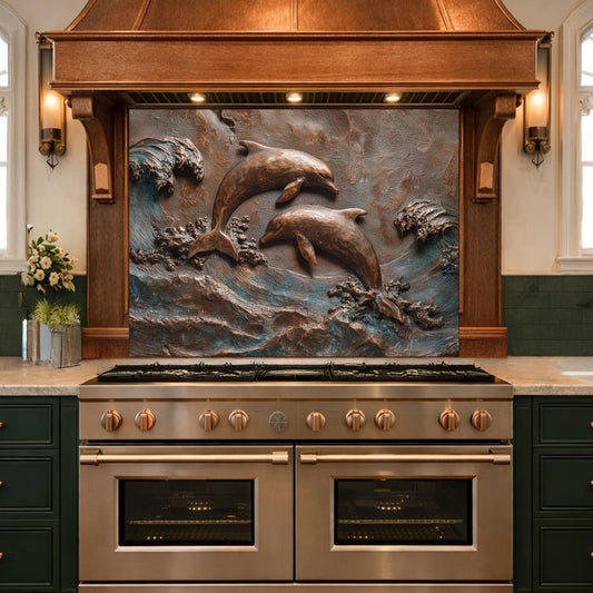 Dolphin Tempered Glass Backsplash, Coastal Ocean Wave Kitchen Panel, Bronze Marine Wall Art Decor