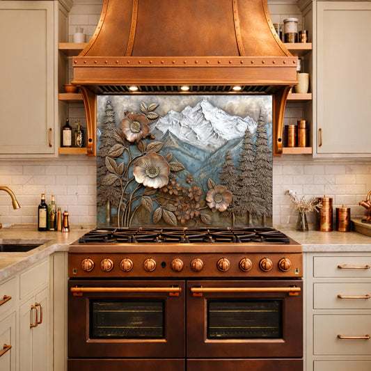 Alpine Peak Forest Backsplash, Copper Look Mountain and Flower Wall Panel, Custom Size