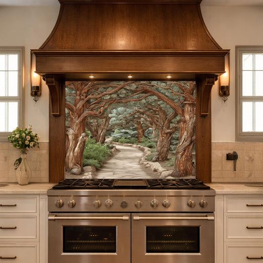 Enchanted Forest Path Backsplash, Copper Look Curved Trees Wall Panel, Nature Decor, Custom Size