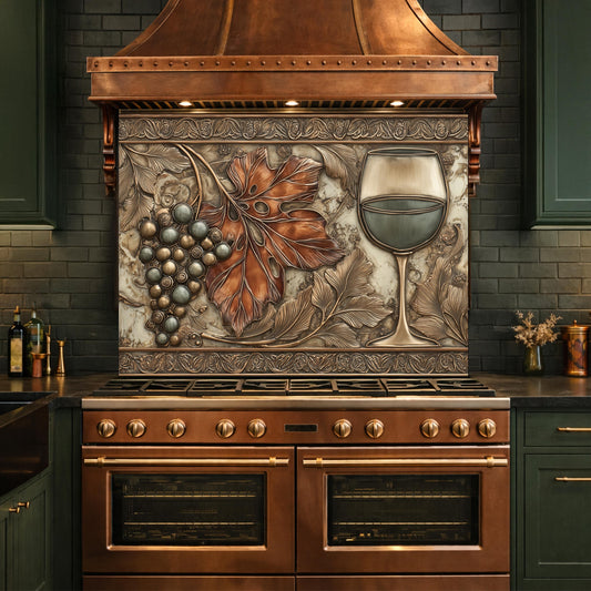 Red Wine & Grapes Tempered Glass Backsplash, Copper Relief Look Wall Panel, Stove Guard