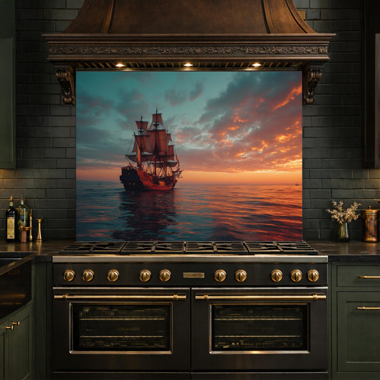 Classic Galleon Tempered Glass Backsplash, Copper Relief Look Wall Panel, Stove Guard