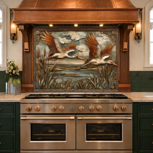 Copper Relief Storks Flight Tempered Glass Backsplash, Wildlife Wetland Wall Panel, Stove Guard