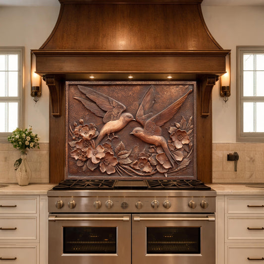 Copper Birds and Rose Relief Tempered Glass Backsplash, Rustic Metal Floral Wall Panel
