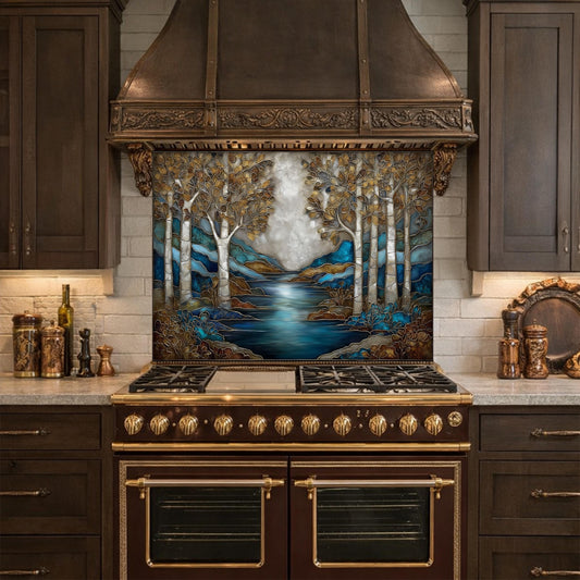 Teal Gold Forest Lake Backsplash Stained Glass Landscape Wall Art Tempered Glass Panel