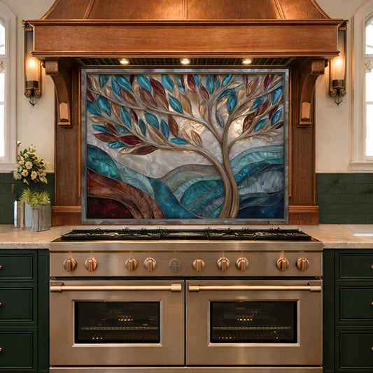 Tree of Life Glass Backsplash Teal Copper Abstract Kitchen Wall Decor