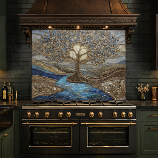 Tree of Life Glass Backsplash, Gold Blue Textured Look Kitchen Wall Art Panel