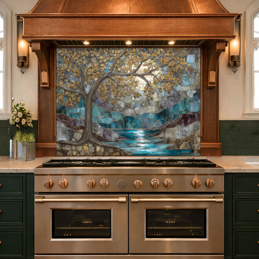 Tree of Life Glass Backsplash, Teal Gold Stained Glass Kitchen Wall Art Panel