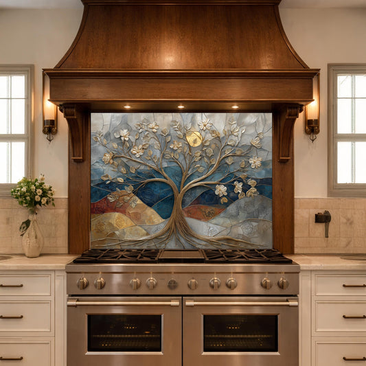Floral Tree Glass Backsplash, Gold Botanical Kitchen Wall Art Panel Decor