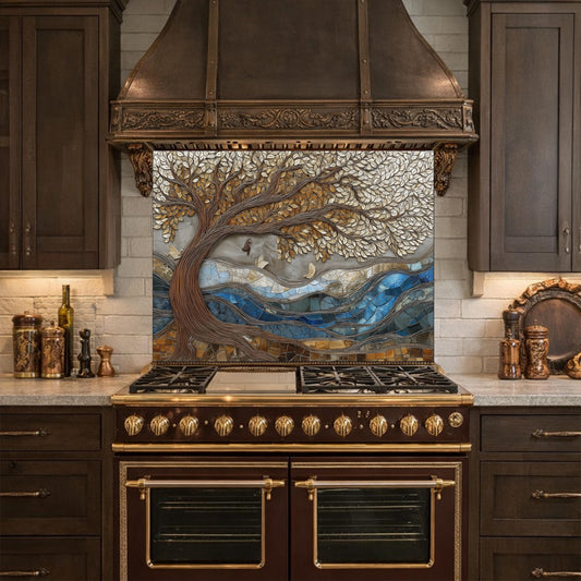 Tree of Life Glass Backsplash, Blue River Mosaic Kitchen Wall Art Panel
