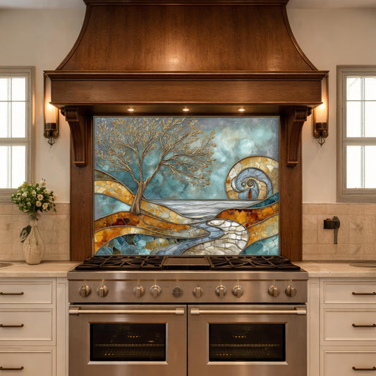 Abstract Tree Glass Backsplash, Blue Gold Landscape Kitchen Wall Panel