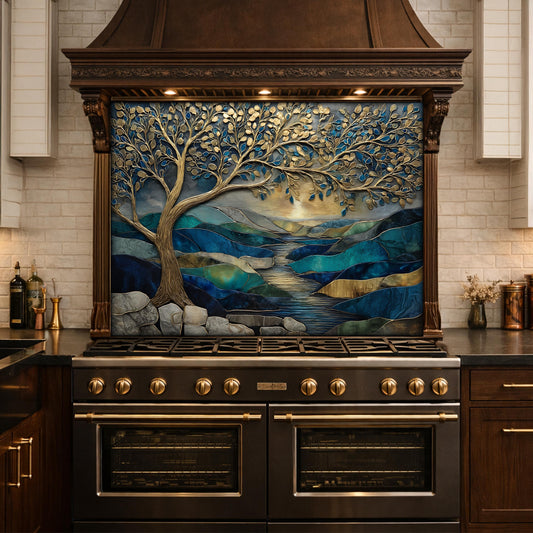 Tree of Life Glass Backsplash, Blue Gold Landscape Kitchen Wall Panel