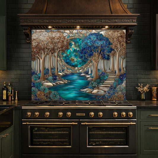 Tempered Glass Kitchen Panel, Forest River Mosaic Splashback, Blue Floral Nature Art