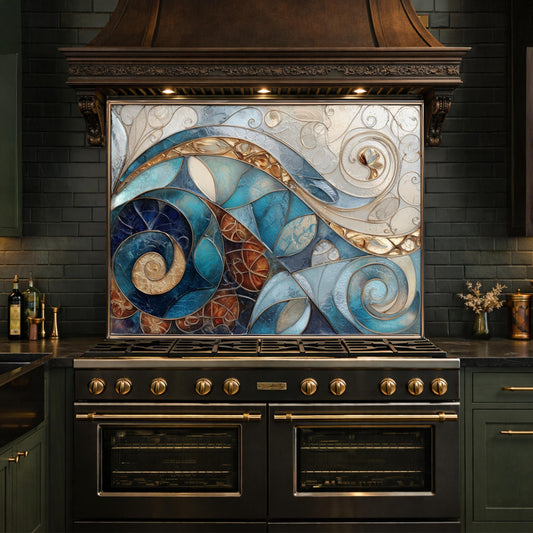 Abstract Blue Gold Tempered Glass Kitchen Panel, Mosaic Spiral Splashback, Modern Artistic Design