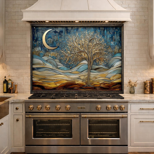 Tree of Life Kitchen Backsplash, Glass Panel Behind Stove, Moon Night Wall Decor