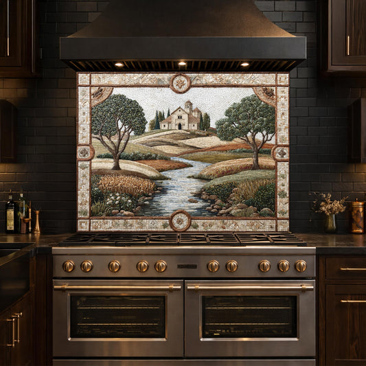 Tuscan Landscape Tempered Glass Kitchen Backsplash, Farmhouse Stove Decor