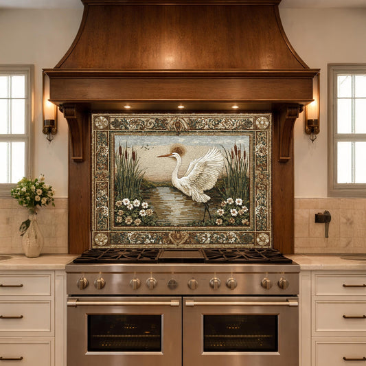 Heron Mosaic Tempered Glass Kitchen Backsplash, Nature Wildlife Decor