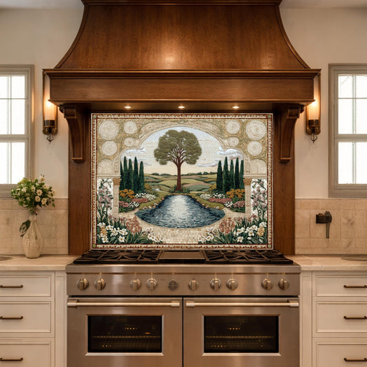 Garden Landscape Tempered Glass Kitchen Backsplash, Mediterranean Stove Panel
