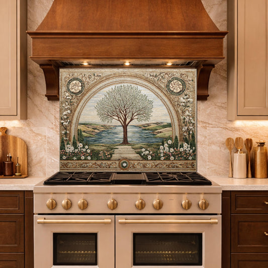 Tempered Glass Tree of Life Kitchen Backsplash, Mediterranean Floral Stove Decor