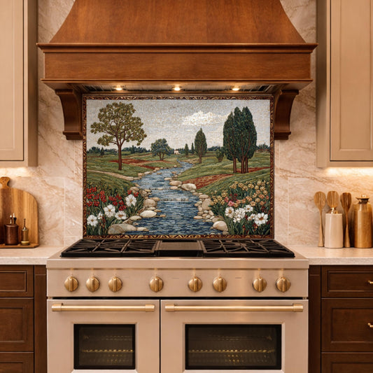 River Landscape Glass Backsplash, Tempered Stove Panel, Farmhouse Kitchen Decor