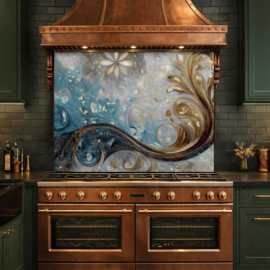 Tempered Glass Kitchen Backsplash, Blue Gold Abstract Wave Stove Guard Wall Decor