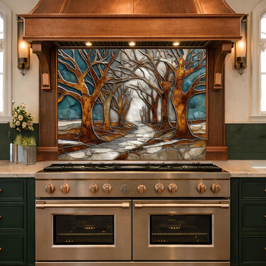 Tempered Glass Kitchen Backsplash, Forest Path Tree Landscape Art Stove Guard