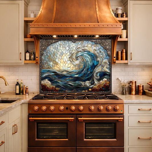 Ocean Wave Tempered Glass Kitchen Backsplash, Coastal Sunset Mosaic Stove Guard Wall Decor