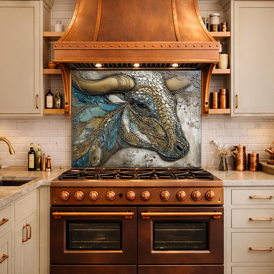 Bull Head Tempered Glass Backsplash, Blue Gold Mosaic Stove Guard