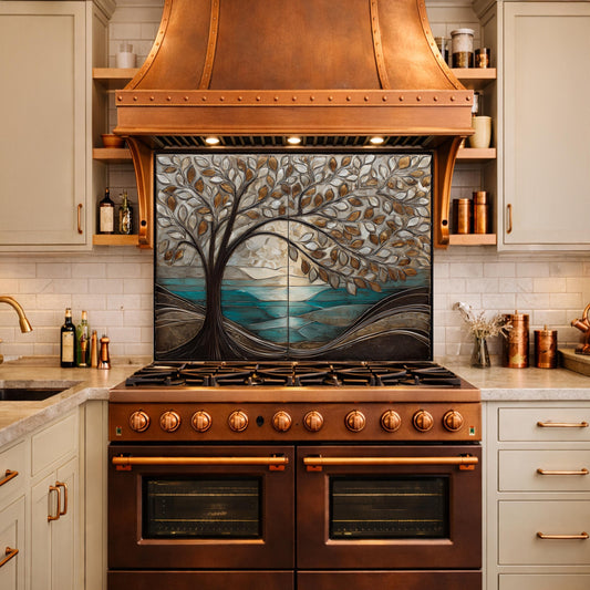Tree Landscape Glass Kitchen Backsplash Panel, Teal Lake Nature Wall Art Decor
