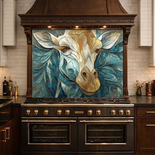 Tempered Glass Giraffe Kitchen Backsplash Panel – Teal Gold Safari Animal Stove Art