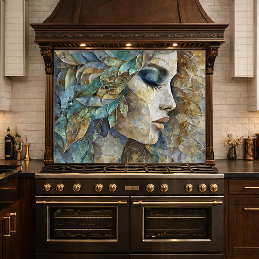 Abstract Woman Face Glass Backsplash Teal Gold Artistic Kitchen Wall Decor