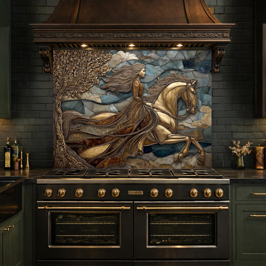 Horse Rider Glass Backsplash, Gold Equestrian Kitchen Wall Art Luxury Panel