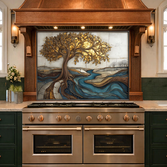 Golden Tree of Life Glass Backsplash, Blue River Kitchen Wall Art Panel