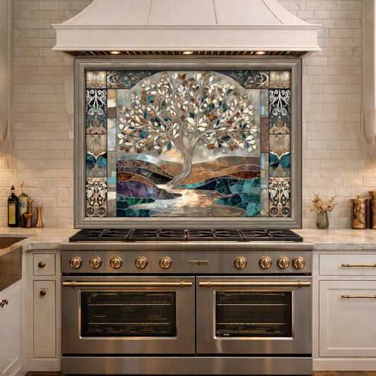Tree of Life Glass Backsplash, Mosaic Art Kitchen Wall Panel Blue Gold