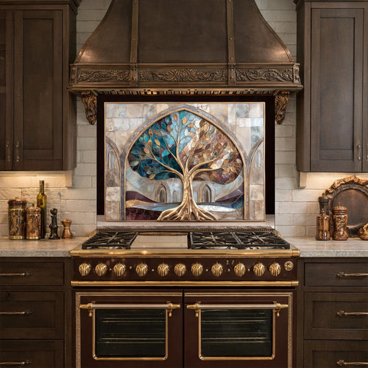 Tree of Life Glass Backsplash, Stained Glass Arch Kitchen Wall Panel