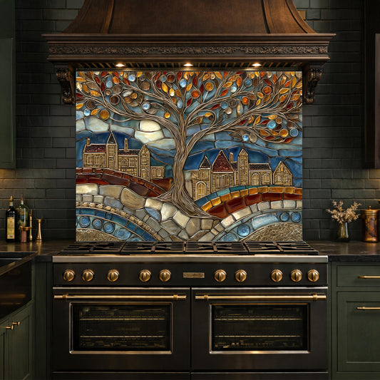 Tempered Glass Tree of Life Backsplash, Stained Mosaic Kitchen Wall Art
