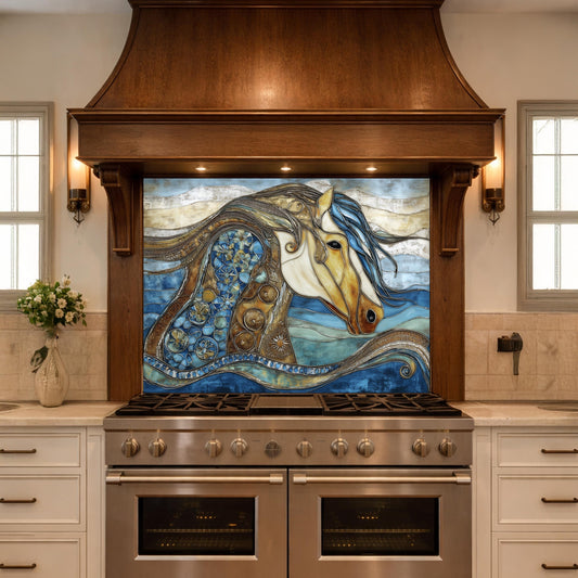 Abstract Horse Glass Backsplash, Artistic Kitchen Backsplash Behind Stove Decor
