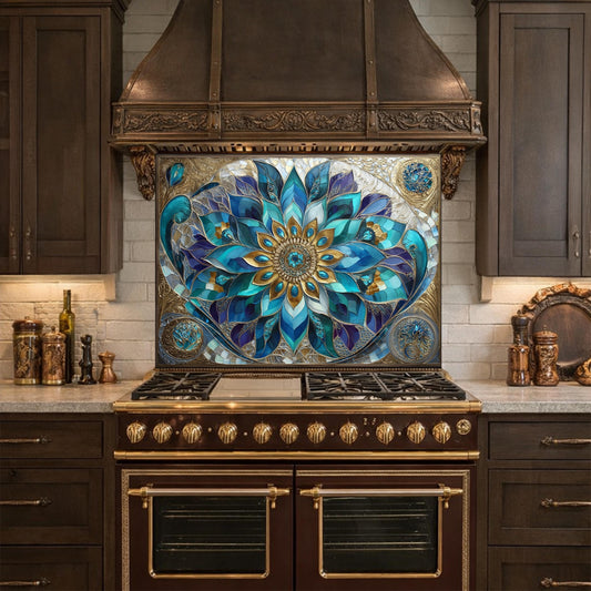 Blue Mandala Tempered Glass Kitchen Backsplash Panel – Teal Gold Floral Art