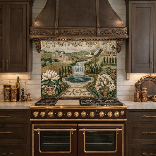 Mediterranean Mosaic Tempered Glass Backsplash, Waterfall Kitchen Decor, Villa Landscape Print