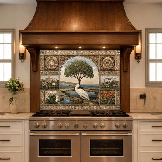 Heron Mosaic Tempered Glass Kitchen Backsplash, Mediterranean Stove Decor