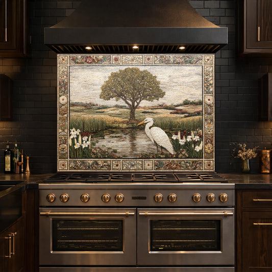 Heron Landscape Tempered Glass Backsplash, Rustic Nature Kitchen Decor, Stove Panel