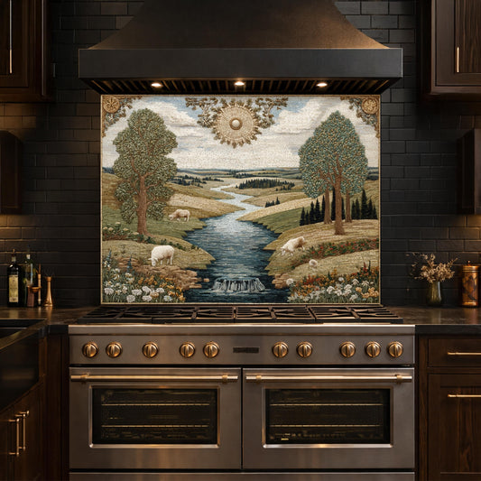 Farmhouse Landscape Tempered Glass Backsplash, Rustic Country Kitchen Decor