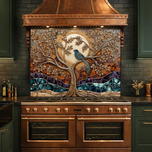 Tempered Glass Kitchen Backsplash Panel, Stained Glass Tree Bird Art, Stove Guard Wall Decor
